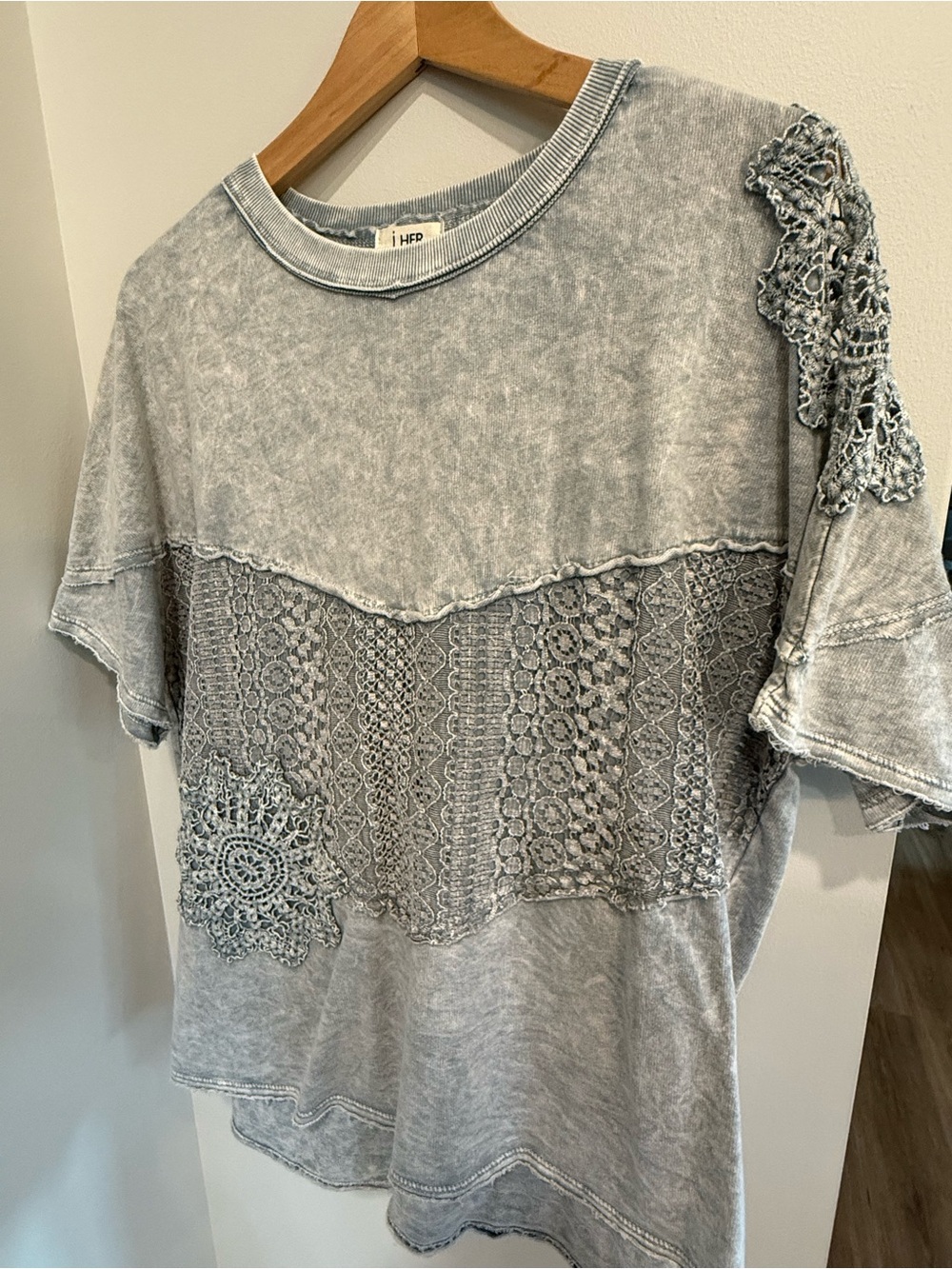 Washed Gray Lace Panel Short Sleeve Tee